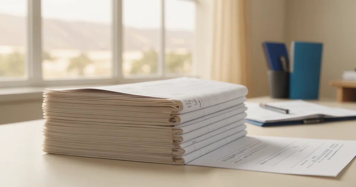 Stack of invoices on a desk beside a laptop showing a spreadsheet