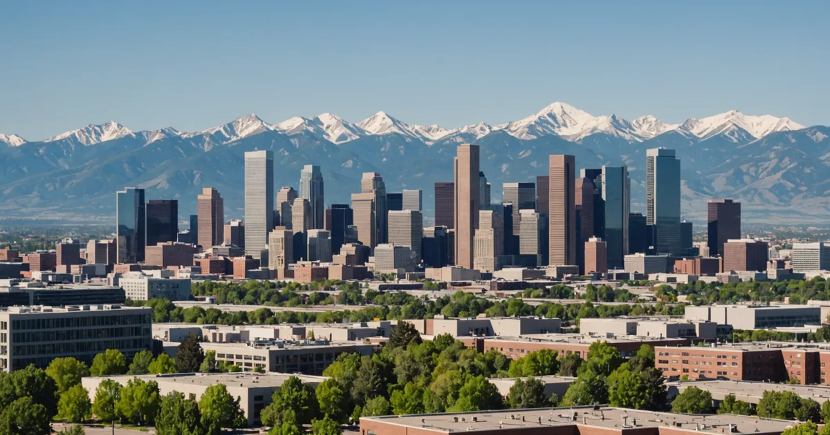 Denver Colorado cityscape with Rocky Mountains in the background