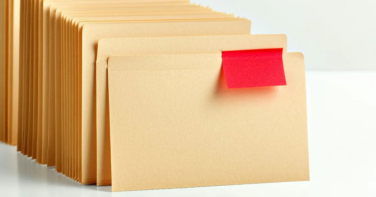A single document with a red flag tab standing out from a file of documents