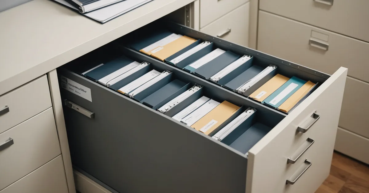 Filing cabinet drawer partially open showing labeled folders