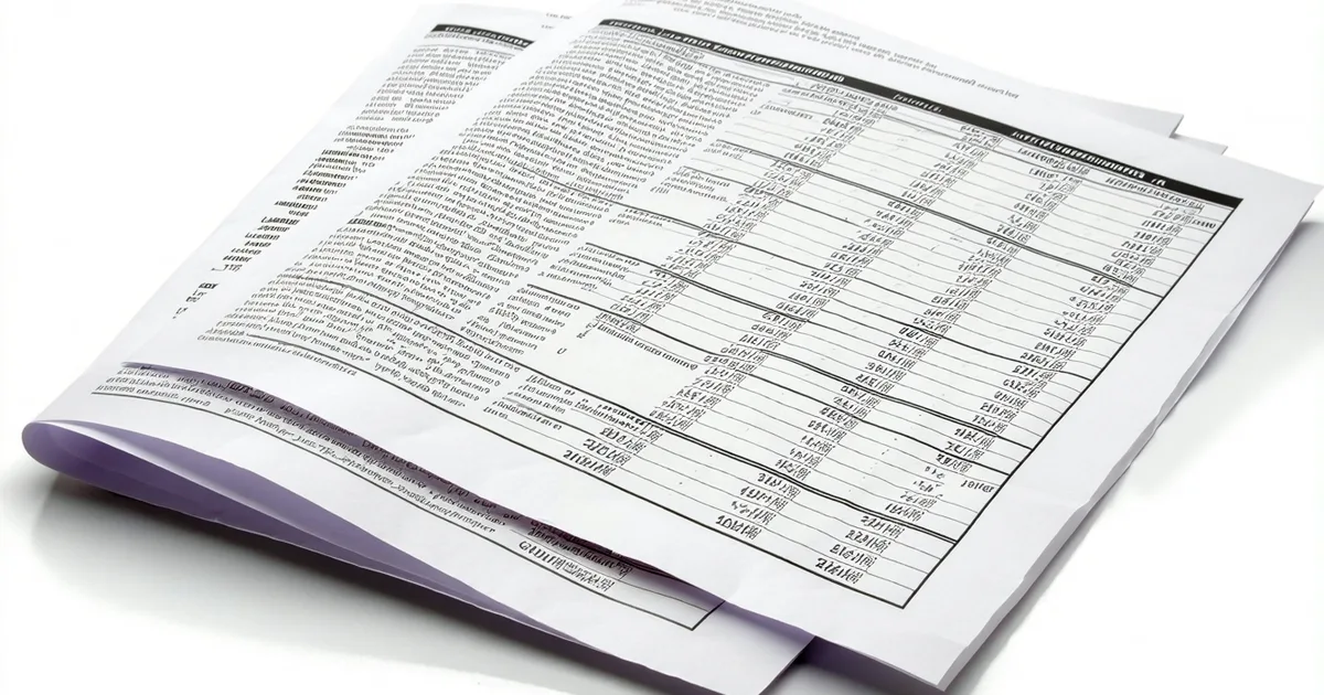 Stacked printed PDFs with overlapping data table sheet