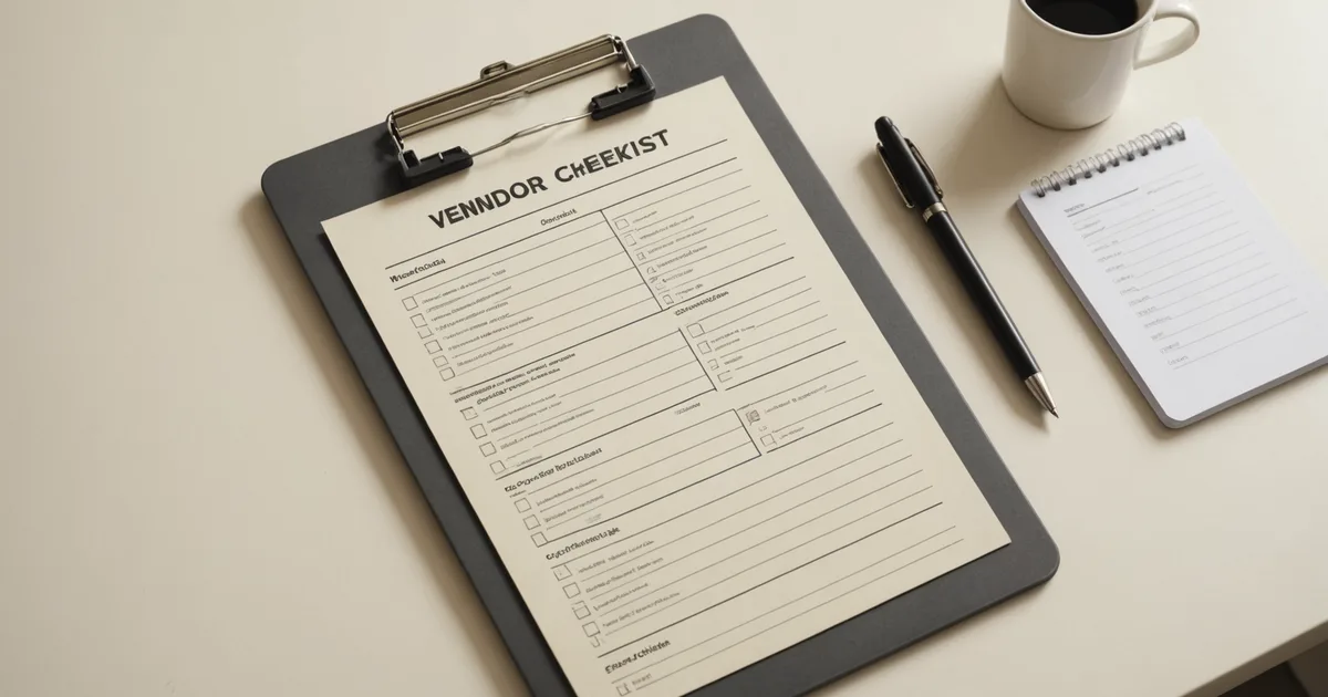 Clipboard with vendor checklist forms on an office desk